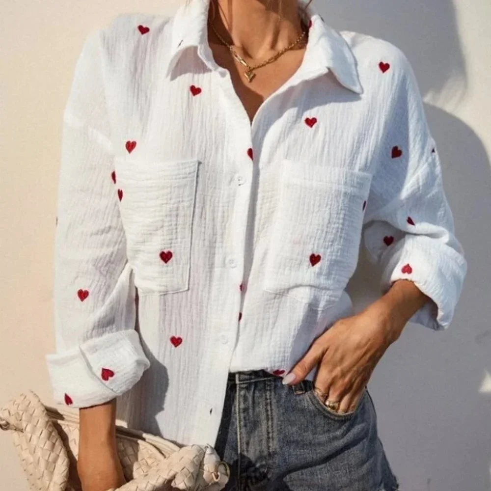 Cute Heart Embroidery Button Down Contemporary Blouse - Picture 4 of 5